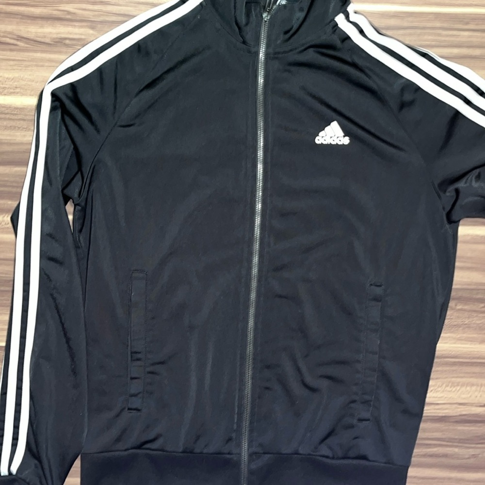Adidas black and white essentials warm up 3 stripes zip up jacket. - Picture 3 of 11